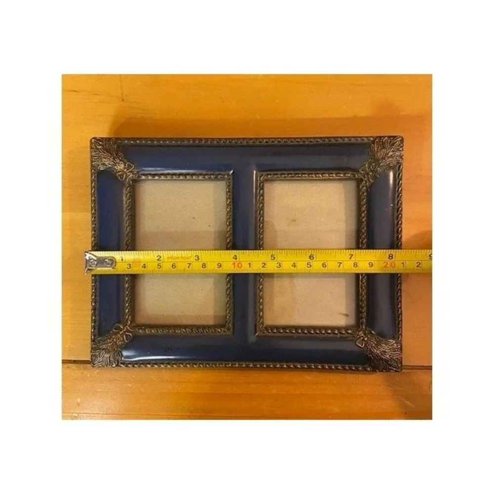 Vintage Blue and Gold Double Photo Frame 2-Opening Tabletop Wall Mount 8x6